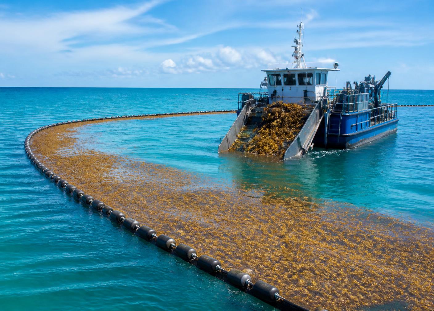 Barrera de contención y embarcación de recolección de sargazo en alta mar